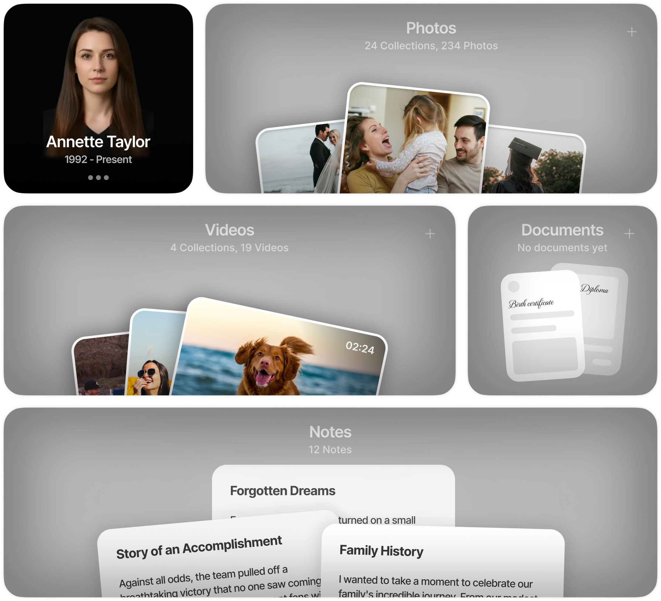 Scrapbook bento grid showing photos, videos, documents, and notes